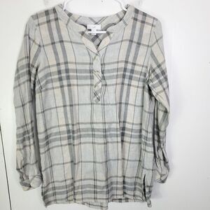 J Jill Top Womens XS Petite Popover Plaid Light Collarless Long Sleeve Shirt